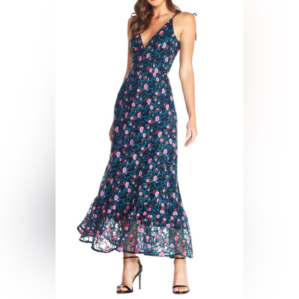 Dress the Population Navy Dress with Pink Floral Embroidery